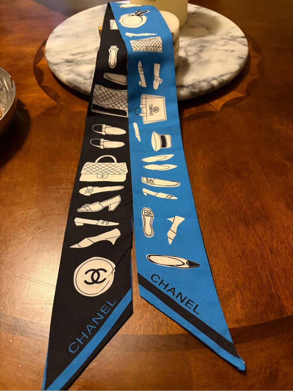 CHANEL Black and Bright Blue Silk Twilly Scarf with Icon Motifs